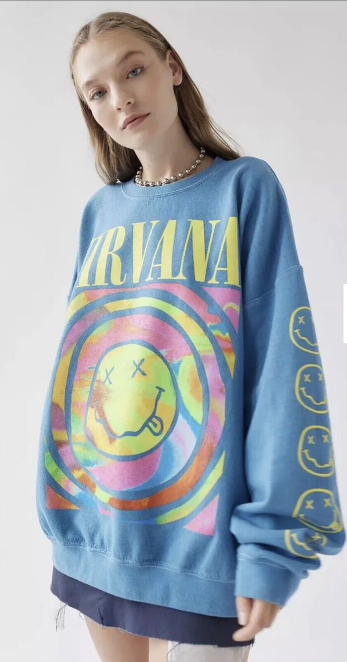 Urban Outfitters Nirvana Smile Sweatshirt Blue Sz S/M Oversdized Overdyed NWT